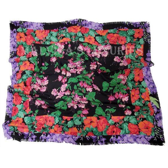 GUCCI SCARF LENIS FLORAL BLACK MULTICOLOR PRINT w LOGO TWILL SILK SQUARE 35" - Picture 7 of 13